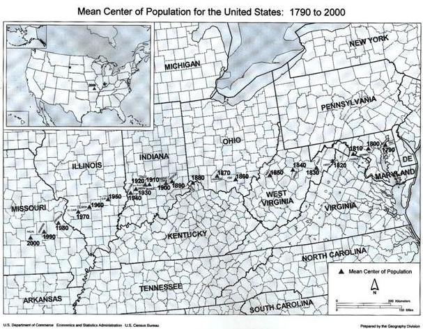 Déplacement du centre de population de 1790 à 2000